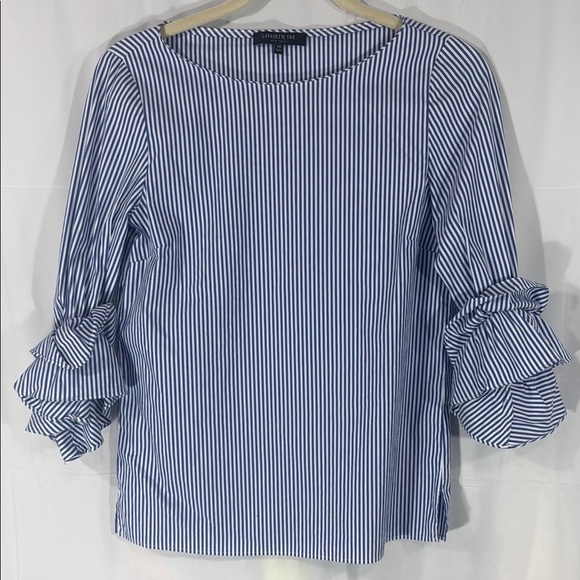 Lafayette 148 Blue and White Relaxed Ruffled Blouse Size XS - Picture 1 of 9